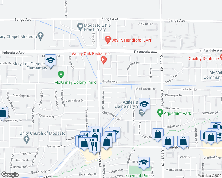 map of restaurants, bars, coffee shops, grocery stores, and more near 2012 Amsterdam Lane in Modesto