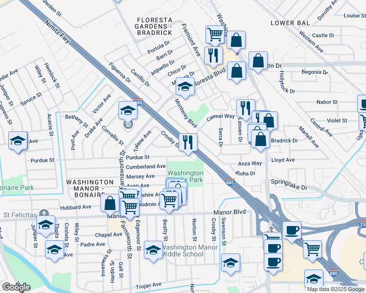map of restaurants, bars, coffee shops, grocery stores, and more near 14832 Crosby Street in San Leandro