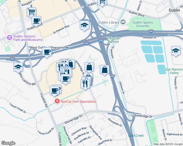 map of restaurants, bars, coffee shops, grocery stores, and more near 6200 Stoneridge Mall Road in Pleasanton