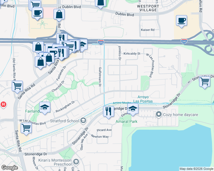 map of restaurants, bars, coffee shops, grocery stores, and more near 3158 Randick Court in Pleasanton