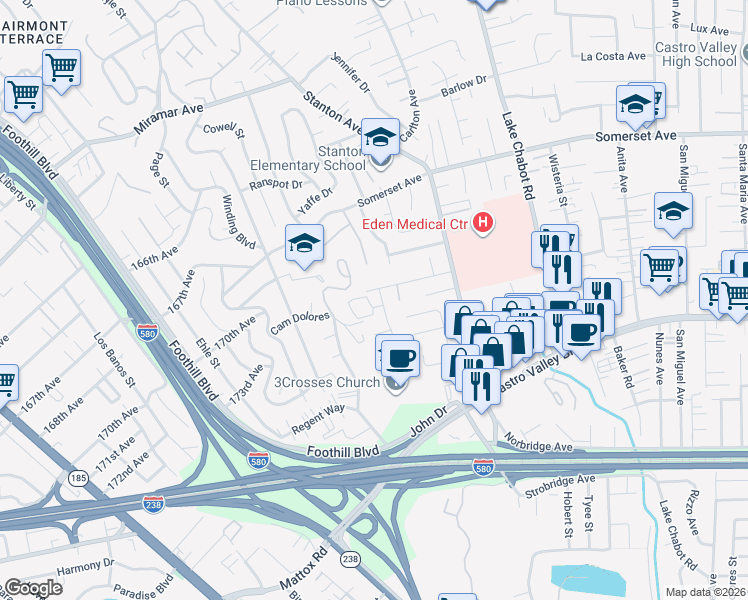 map of restaurants, bars, coffee shops, grocery stores, and more near 2410 Stanton Hill Road in Castro Valley