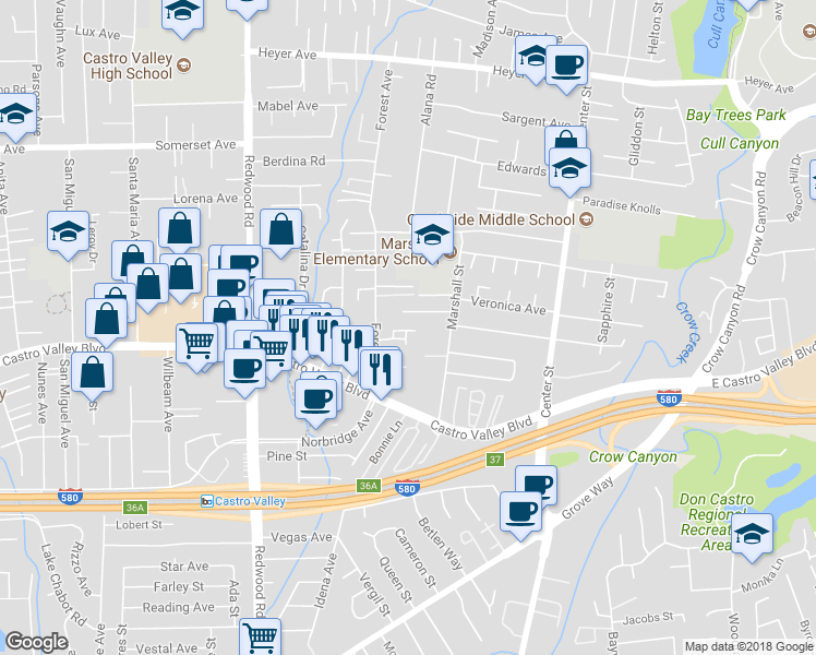 map of restaurants, bars, coffee shops, grocery stores, and more near 3937 Forest Circle in Castro Valley