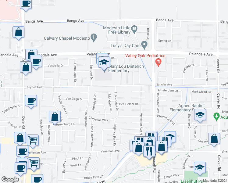 map of restaurants, bars, coffee shops, grocery stores, and more near 3917 Saint Nicholas Drive in Modesto