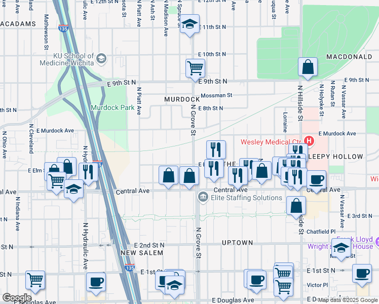 map of restaurants, bars, coffee shops, grocery stores, and more near 630 North Grove Street in Wichita