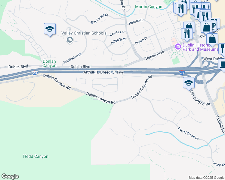 map of restaurants, bars, coffee shops, grocery stores, and more near 7560 Canyon Meadows Circle in Pleasanton