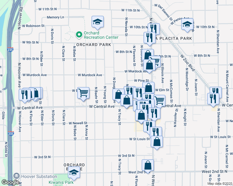 map of restaurants, bars, coffee shops, grocery stores, and more near 732 North Dougherty Avenue in Wichita
