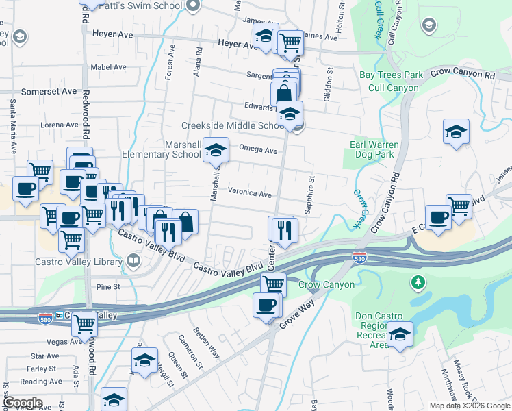 map of restaurants, bars, coffee shops, grocery stores, and more near 4183 Veronica Avenue in Castro Valley