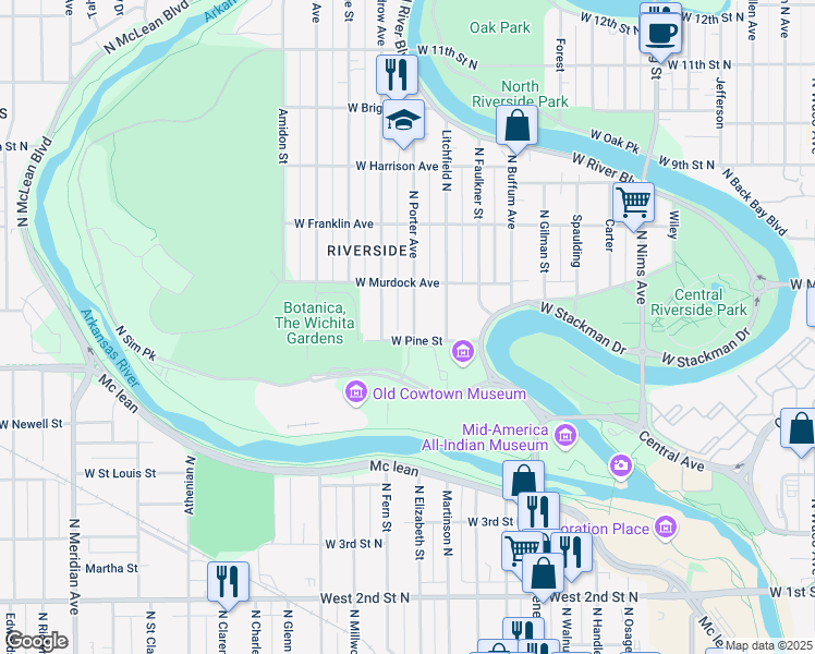 map of restaurants, bars, coffee shops, grocery stores, and more near 711 North Porter Avenue in Wichita