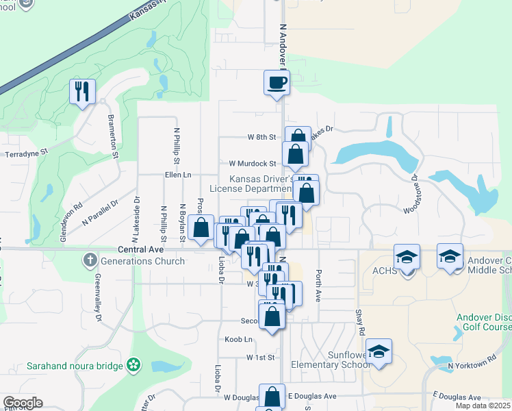 map of restaurants, bars, coffee shops, grocery stores, and more near 209 West Virginia Road in Andover