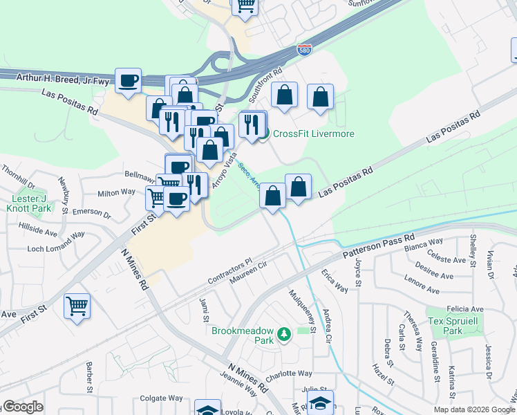 map of restaurants, bars, coffee shops, grocery stores, and more near 4898 Las Positas Road in Livermore