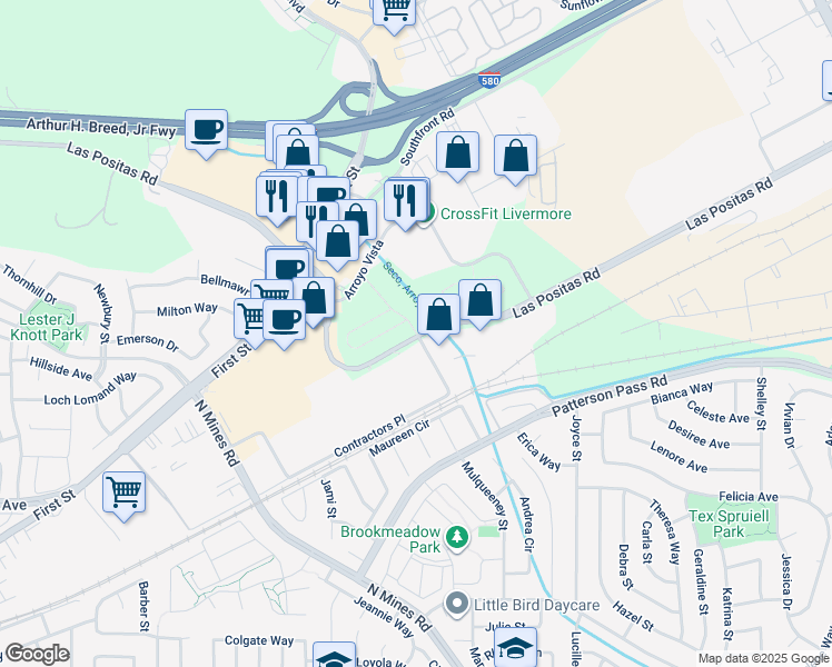map of restaurants, bars, coffee shops, grocery stores, and more near 2 Las Positas Road in Livermore