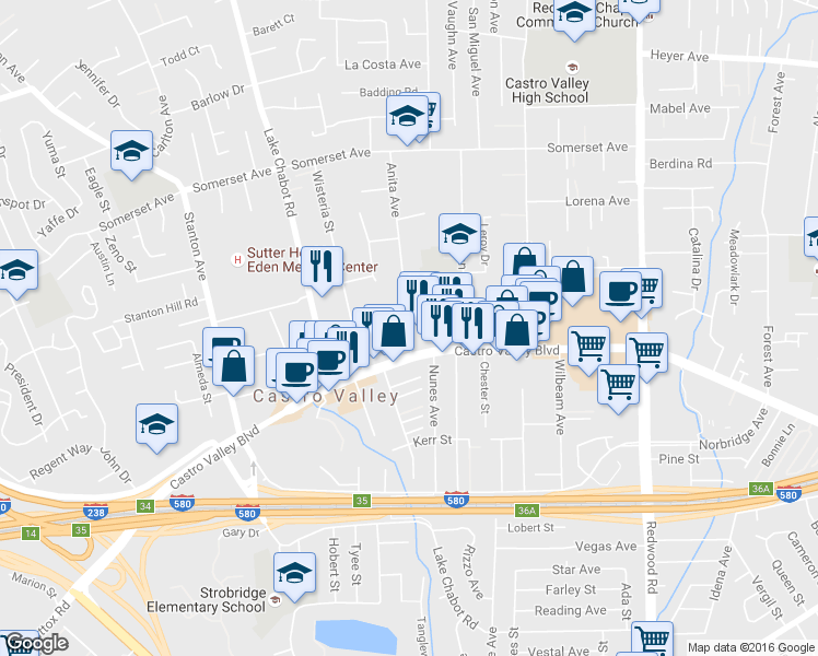 map of restaurants, bars, coffee shops, grocery stores, and more near 20443 Anita Avenue in Castro Valley