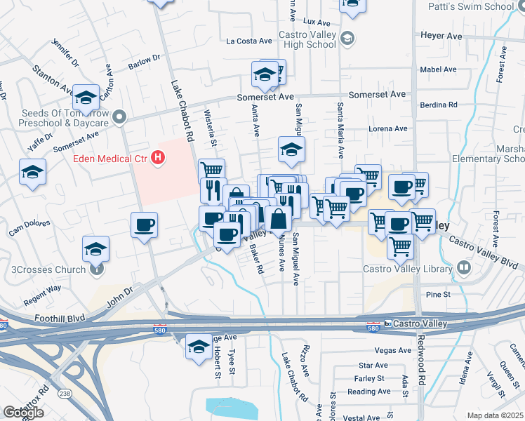 map of restaurants, bars, coffee shops, grocery stores, and more near 20443 Anita Avenue in Castro Valley