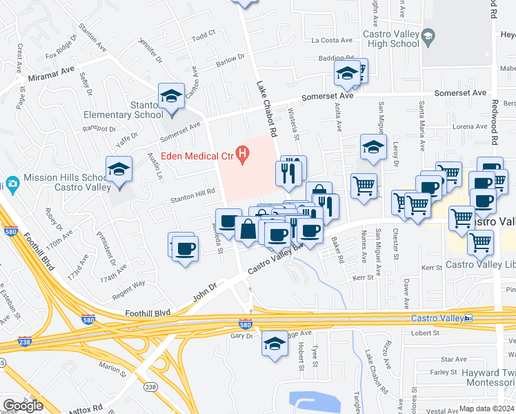 map of restaurants, bars, coffee shops, grocery stores, and more near 20400 Park Way in Castro Valley
