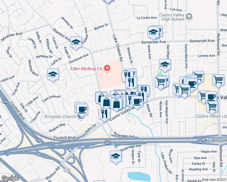 map of restaurants, bars, coffee shops, grocery stores, and more near 2532 Denning Court in Castro Valley
