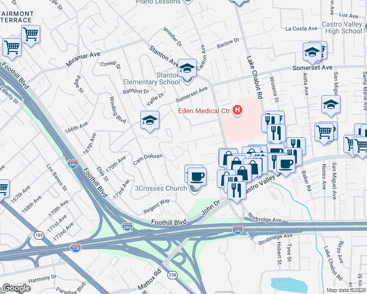 map of restaurants, bars, coffee shops, grocery stores, and more near 2410 Stanton Hill Road in Castro Valley