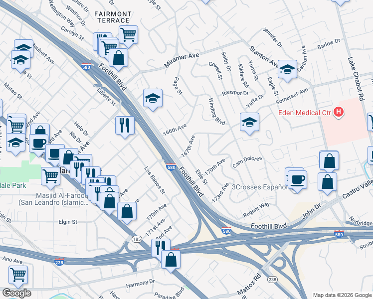 map of restaurants, bars, coffee shops, grocery stores, and more near 16770 Ehle Street in San Leandro