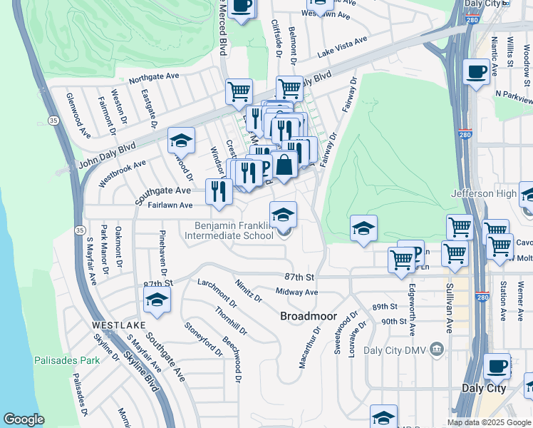 map of restaurants, bars, coffee shops, grocery stores, and more near 200 Coronado Avenue in Daly City
