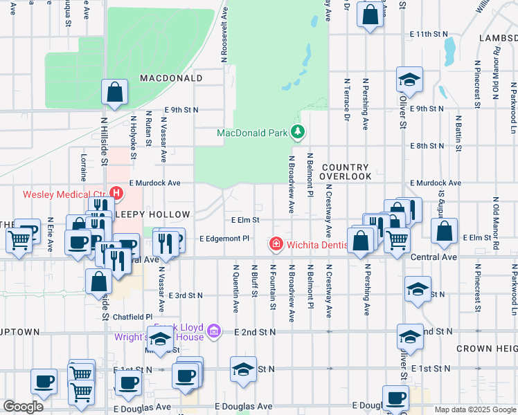 map of restaurants, bars, coffee shops, grocery stores, and more near 631 North Bluff Street in Wichita