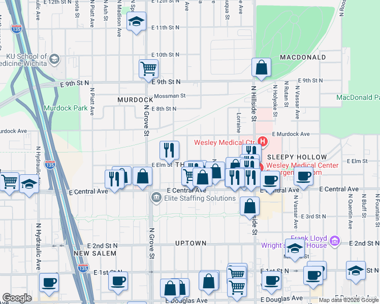 map of restaurants, bars, coffee shops, grocery stores, and more near 635 North Estelle Street in Wichita