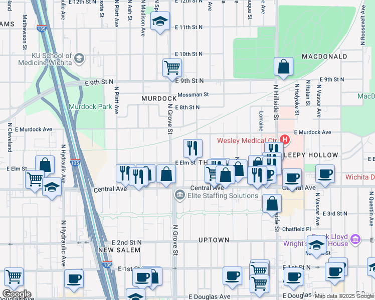 map of restaurants, bars, coffee shops, grocery stores, and more near 640 North Poplar Street in Wichita