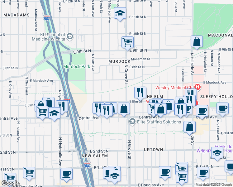 map of restaurants, bars, coffee shops, grocery stores, and more near 629 North Spruce Street in Wichita