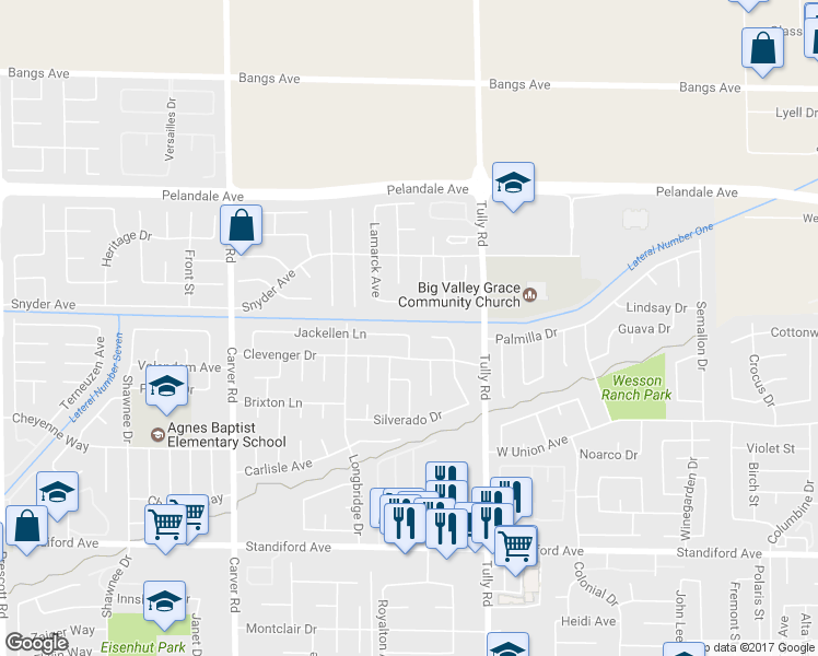 map of restaurants, bars, coffee shops, grocery stores, and more near 1405 Jackellen Lane in Modesto