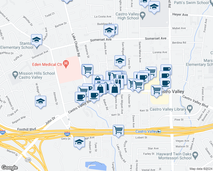 map of restaurants, bars, coffee shops, grocery stores, and more near 20455 Anita Avenue in Castro Valley