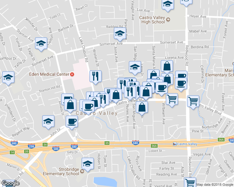 map of restaurants, bars, coffee shops, grocery stores, and more near 20451 Anita Avenue in Castro Valley