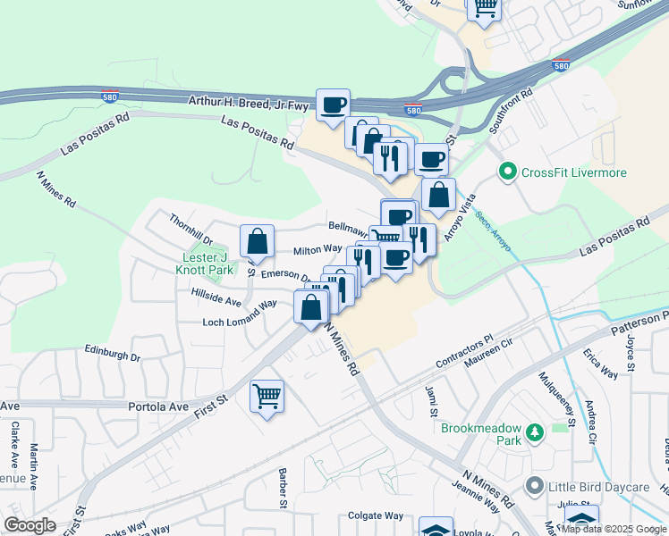 map of restaurants, bars, coffee shops, grocery stores, and more near 713 Tennyson Drive in Livermore