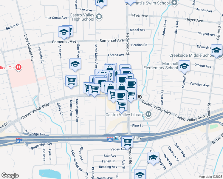 map of restaurants, bars, coffee shops, grocery stores, and more near 20638 Patio Dr in Castro Valley