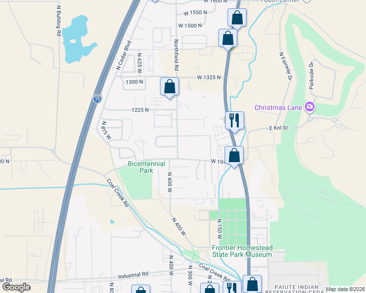 map of restaurants, bars, coffee shops, grocery stores, and more near 1148 Northfield Road in Cedar City