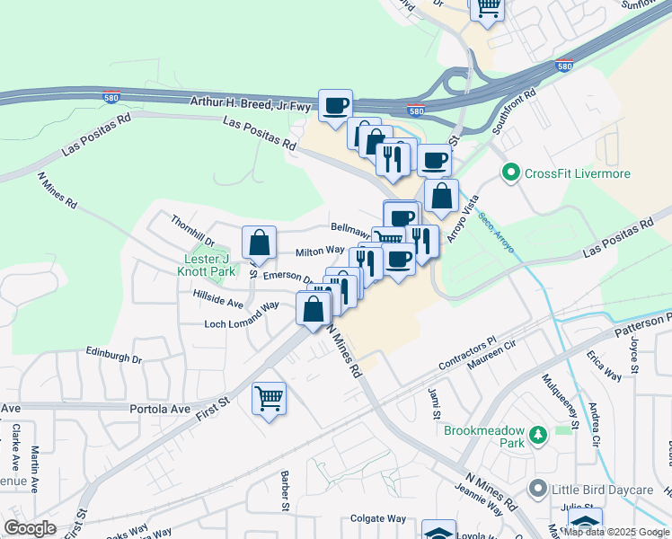 map of restaurants, bars, coffee shops, grocery stores, and more near 713 Tennyson Drive in Livermore