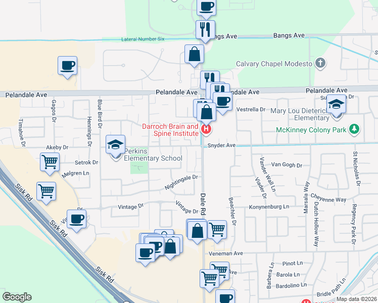 map of restaurants, bars, coffee shops, grocery stores, and more near 3949 Dale Road in Modesto