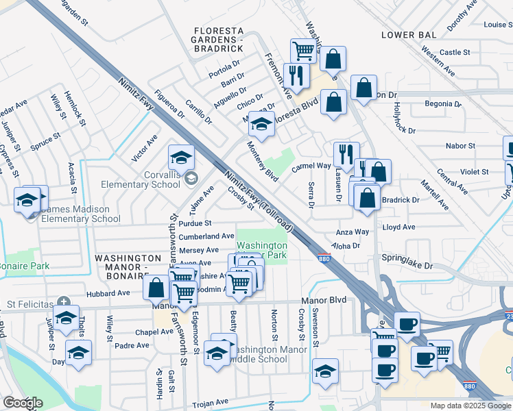 map of restaurants, bars, coffee shops, grocery stores, and more near 14832 Crosby Street in San Leandro