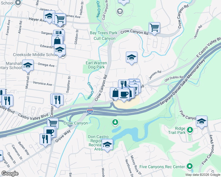 map of restaurants, bars, coffee shops, grocery stores, and more near 3589 Timco Court in Castro Valley