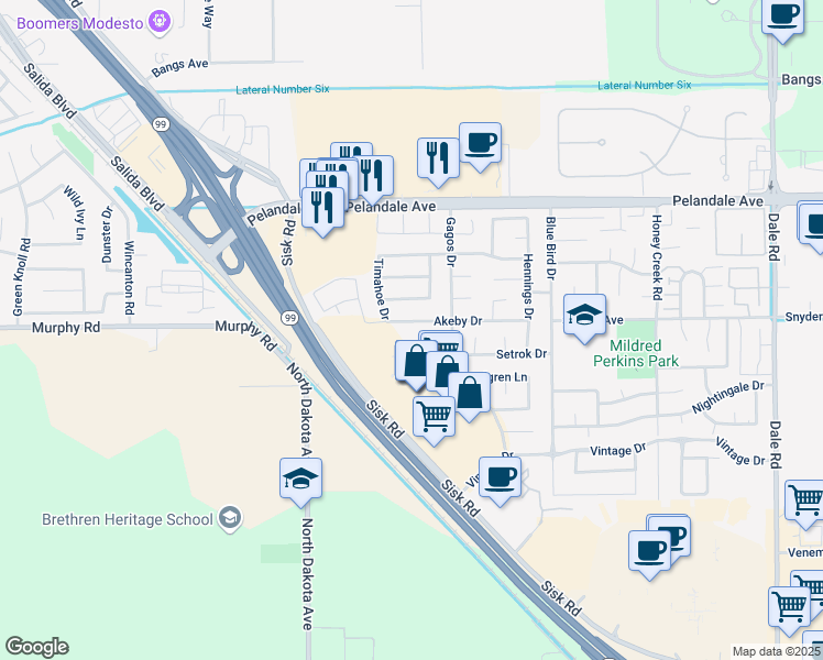 map of restaurants, bars, coffee shops, grocery stores, and more near 3700 Akeby Drive in Modesto
