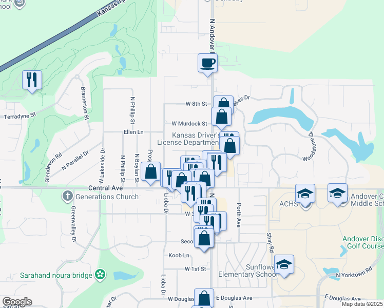 map of restaurants, bars, coffee shops, grocery stores, and more near 209 West Virginia Road in Andover