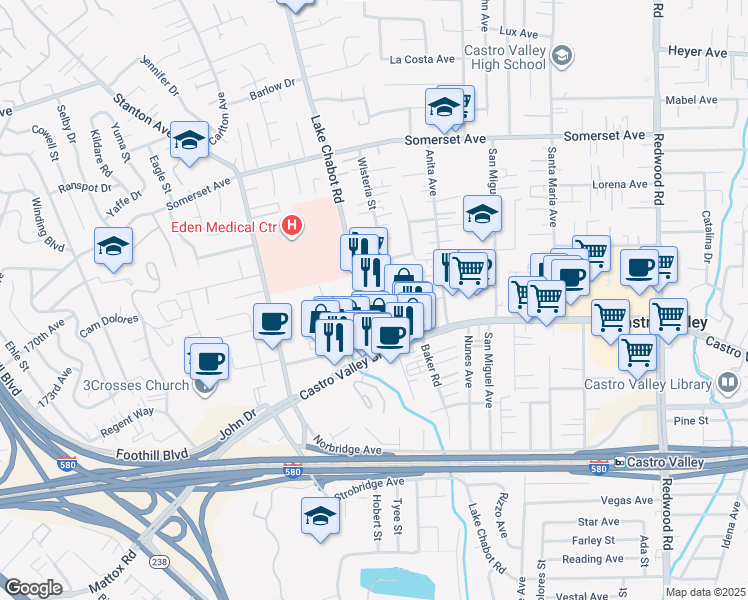map of restaurants, bars, coffee shops, grocery stores, and more near 20398 Lake Chabot Road in Castro Valley