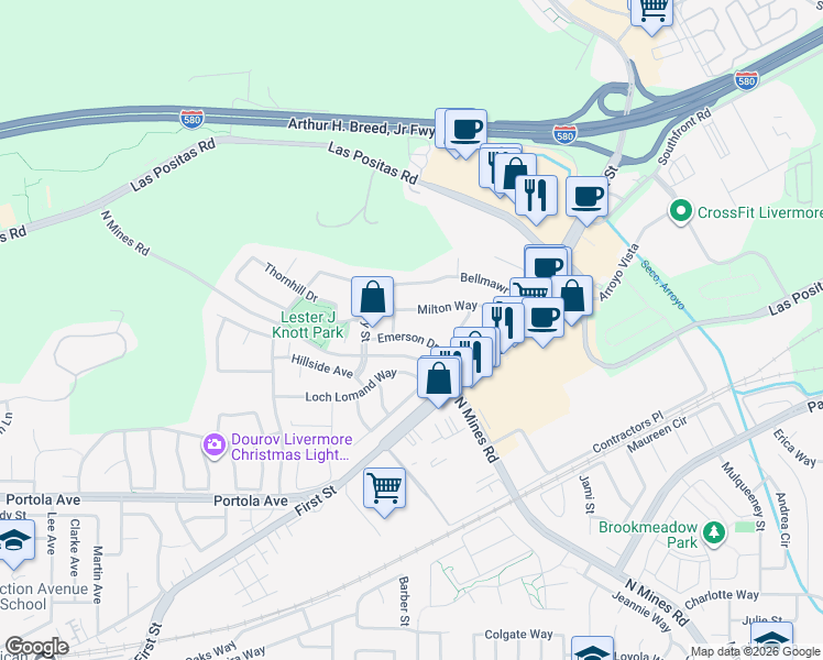 map of restaurants, bars, coffee shops, grocery stores, and more near 4052 Emerson Drive in Livermore