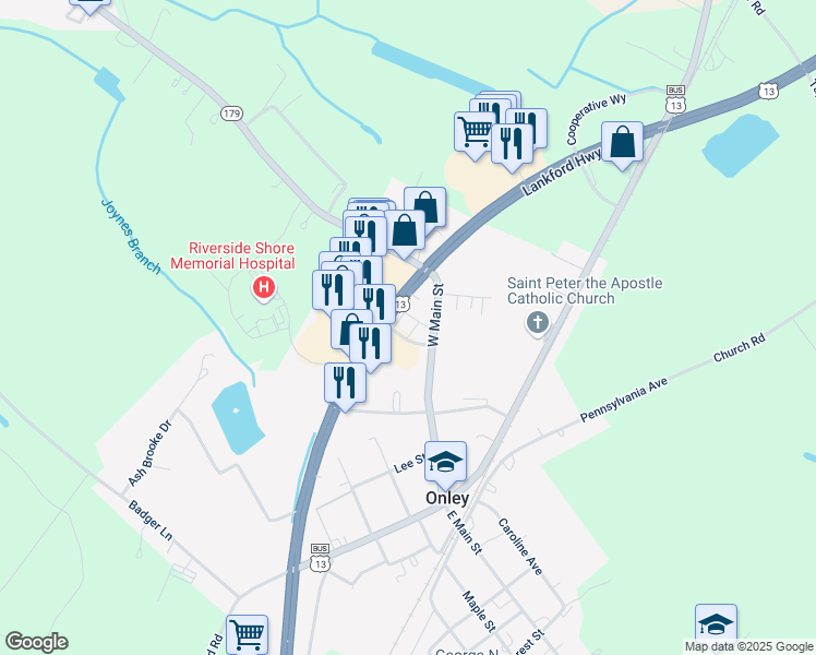 map of restaurants, bars, coffee shops, grocery stores, and more near 25275 Lankford Highway in Onley