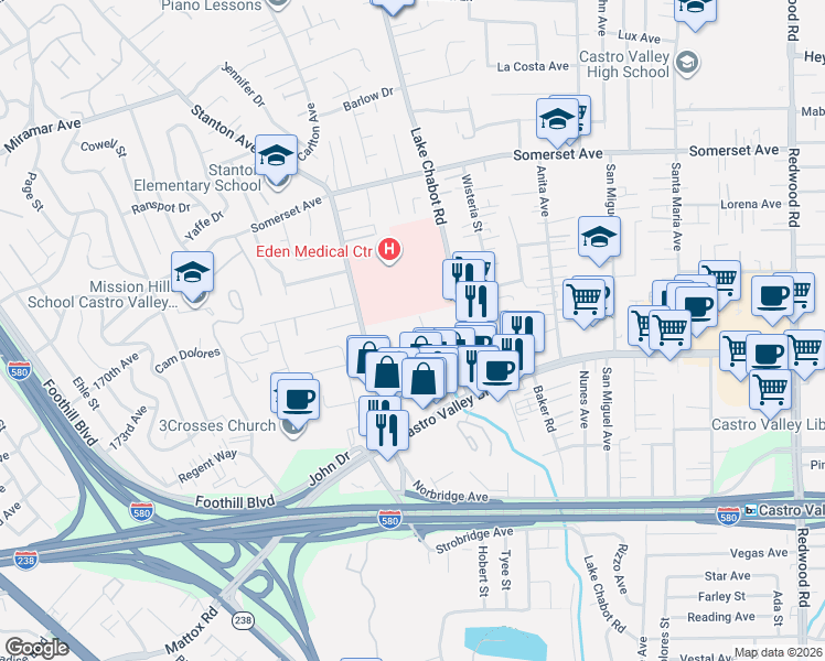 map of restaurants, bars, coffee shops, grocery stores, and more near 20353 Park Way in Castro Valley