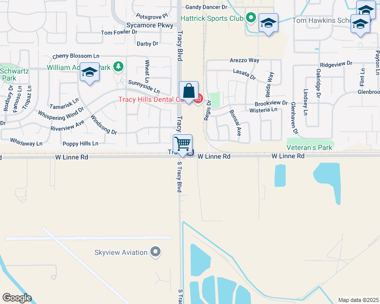 map of restaurants, bars, coffee shops, grocery stores, and more near 4800 Tracy Boulevard in Tracy