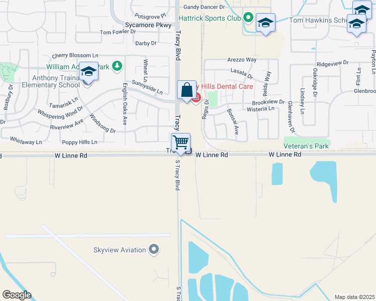 map of restaurants, bars, coffee shops, grocery stores, and more near 4800 Tracy Boulevard in Tracy