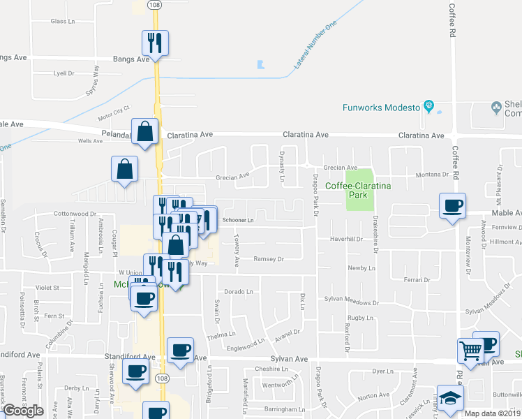map of restaurants, bars, coffee shops, grocery stores, and more near 331 Coralwood Road in Modesto