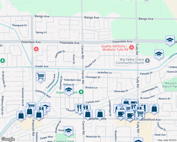 map of restaurants, bars, coffee shops, grocery stores, and more near 1617 Jackellen Lane in Modesto