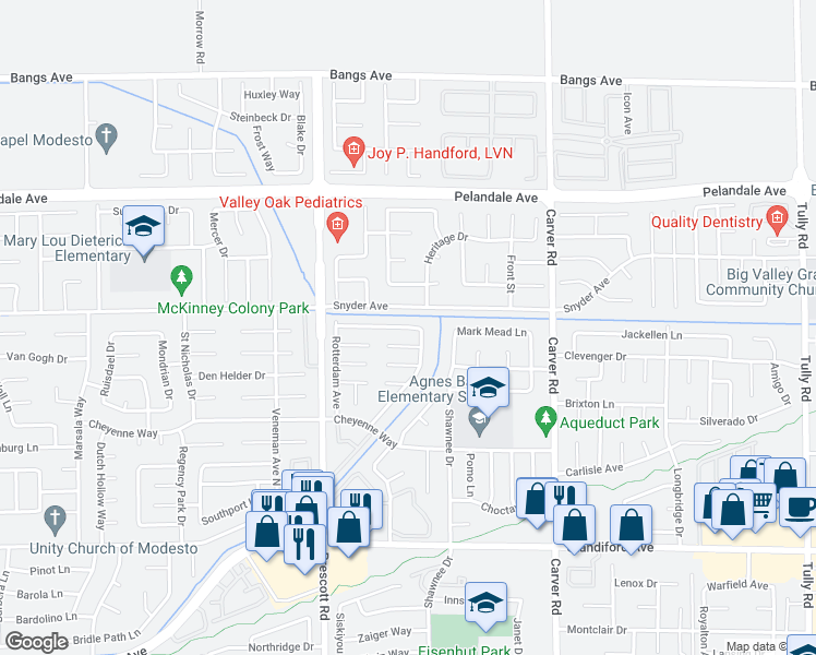 map of restaurants, bars, coffee shops, grocery stores, and more near 1916 Amsterdam Lane in Modesto