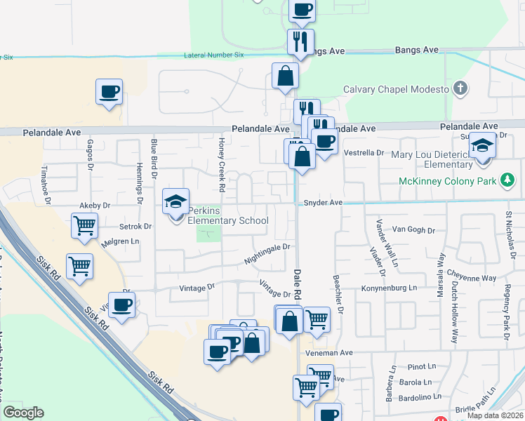 map of restaurants, bars, coffee shops, grocery stores, and more near 3020 Snyder Avenue in Modesto