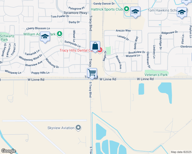 map of restaurants, bars, coffee shops, grocery stores, and more near 4800 Tracy Boulevard in Tracy