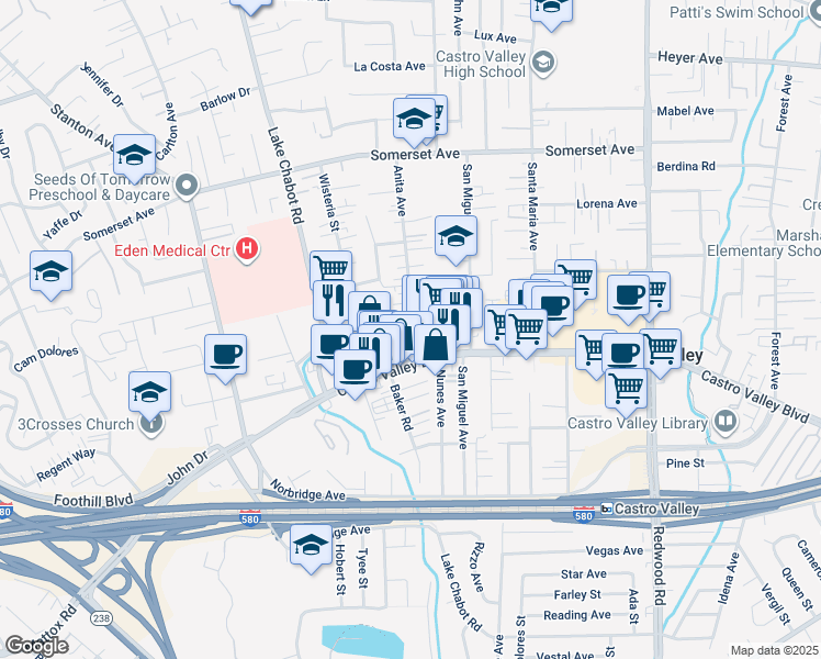 map of restaurants, bars, coffee shops, grocery stores, and more near 20443 Anita Avenue in Castro Valley